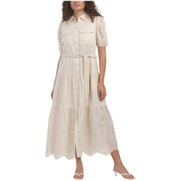 ELIE TAHARI Linen Blend Elbow Puff Sleeve Button Down Collared Shirt - Picture 1 of 3